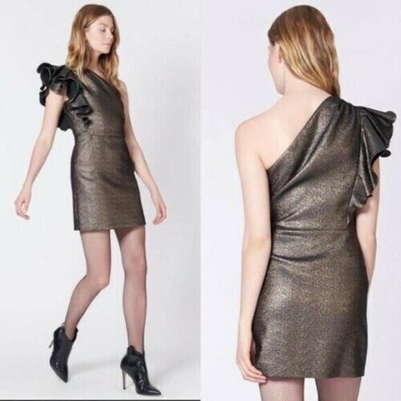 VERONICA BEARD Ensley Dress Womens Size 6 One Shoulder Black Gold Metallic - Picture 1 of 10